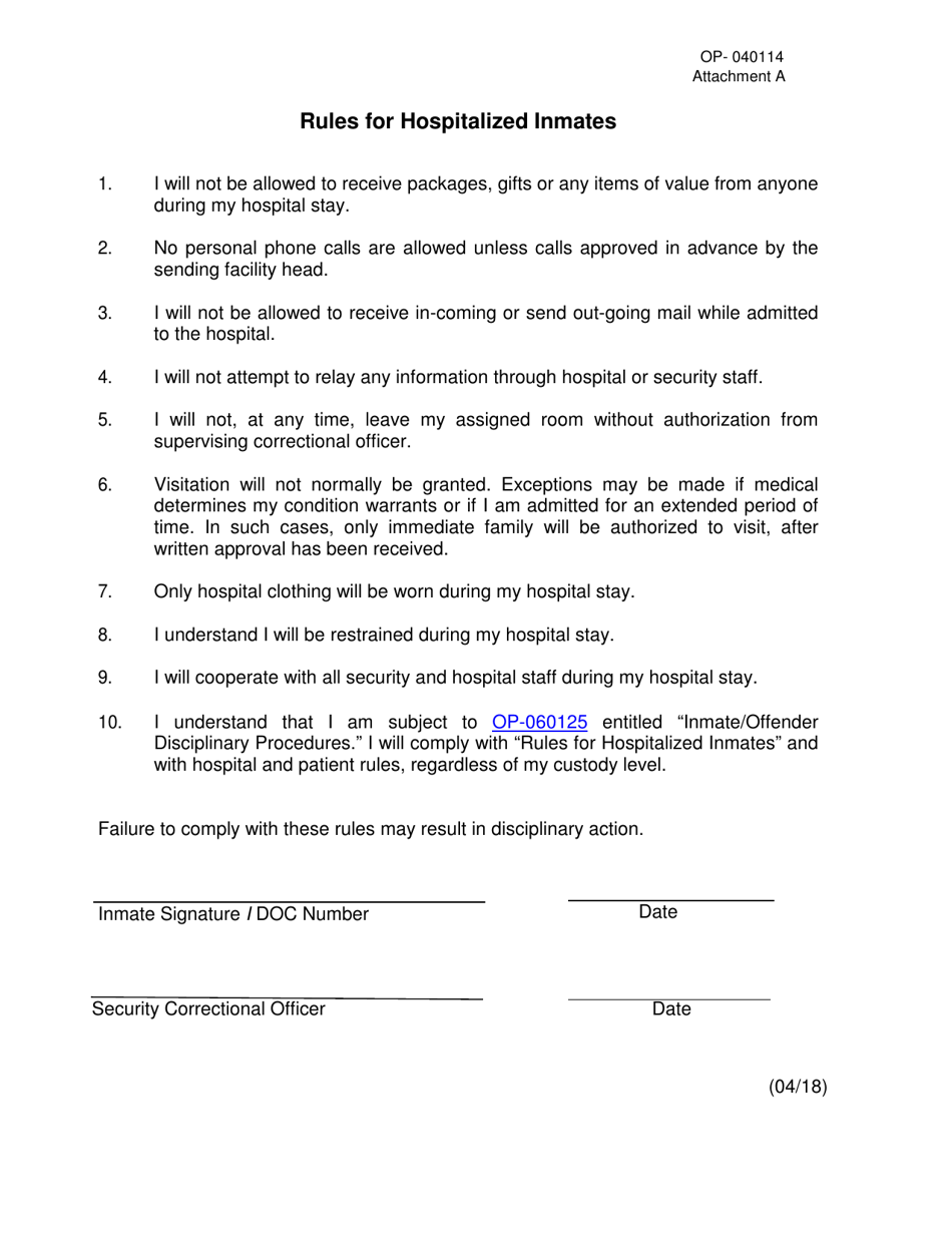 DOC Form OP-040114 Attachment A Rules for Hospitalized Inmates - Oklahoma, Page 1