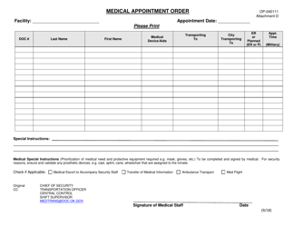 Document preview: DOC Form OP-040111 Attachment D Medical Appointment Order - Oklahoma