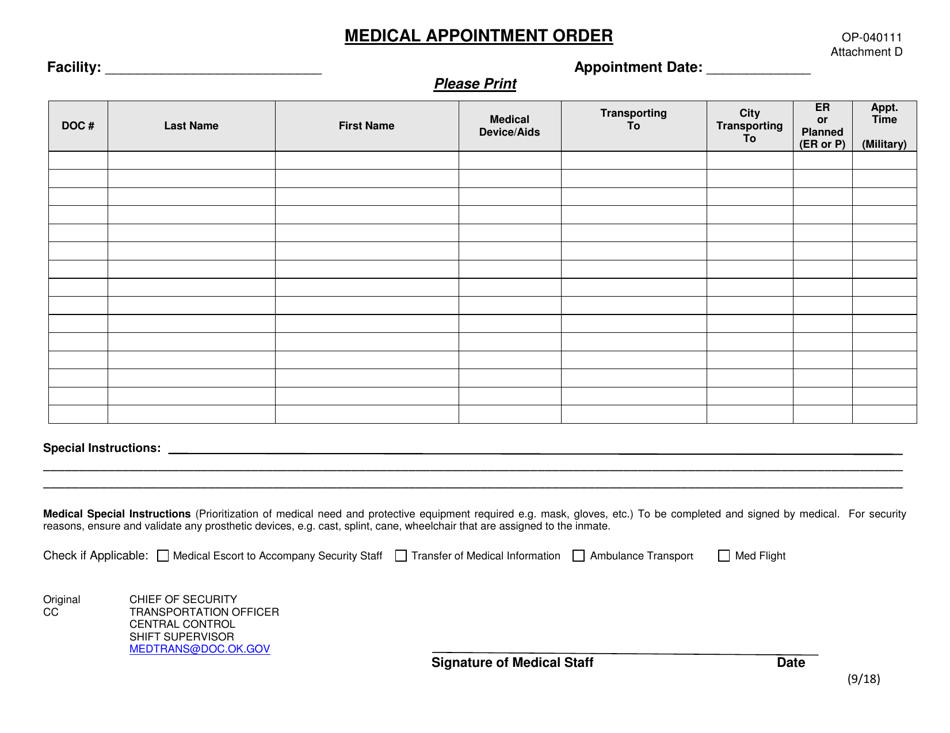 DOC Form OP-040111 Attachment D Medical Appointment Order - Oklahoma, Page 1