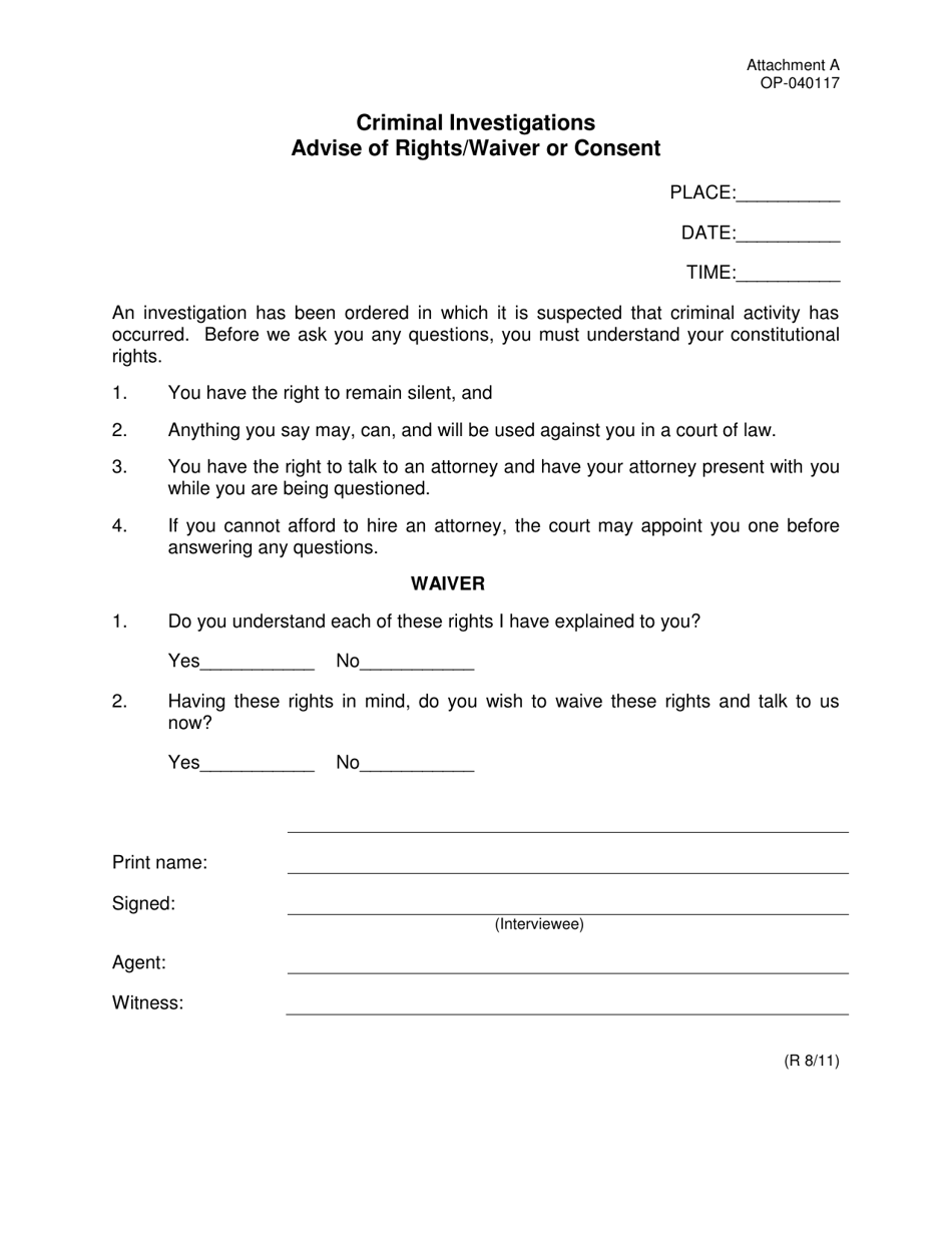 DOC Form OP-040117 Attachment A Criminal Investigations Advise of Rights/Waiver or Consent - Oklahoma, Page 1