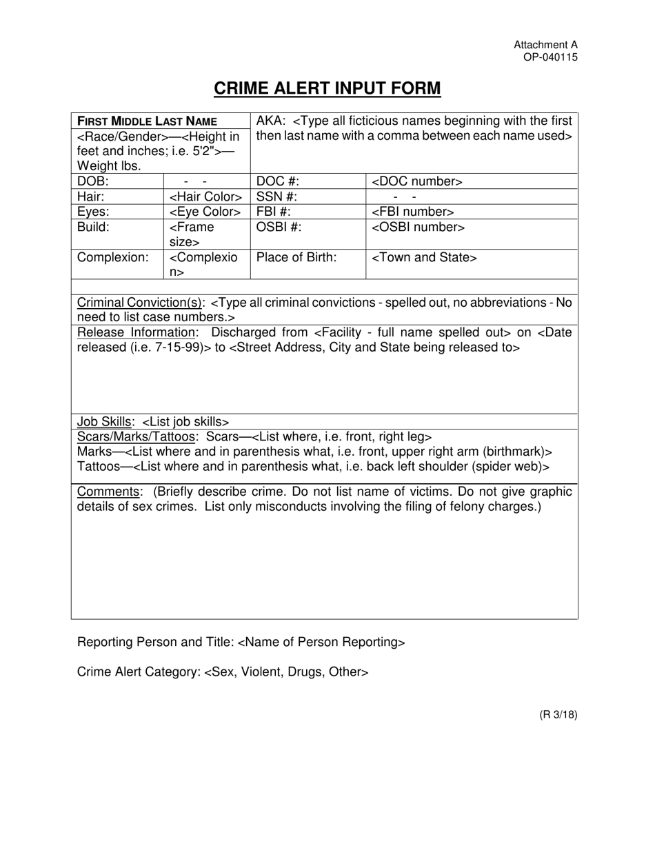 DOC Form OP-040115 Attachment A Crime Alert Input Form - Oklahoma, Page 1