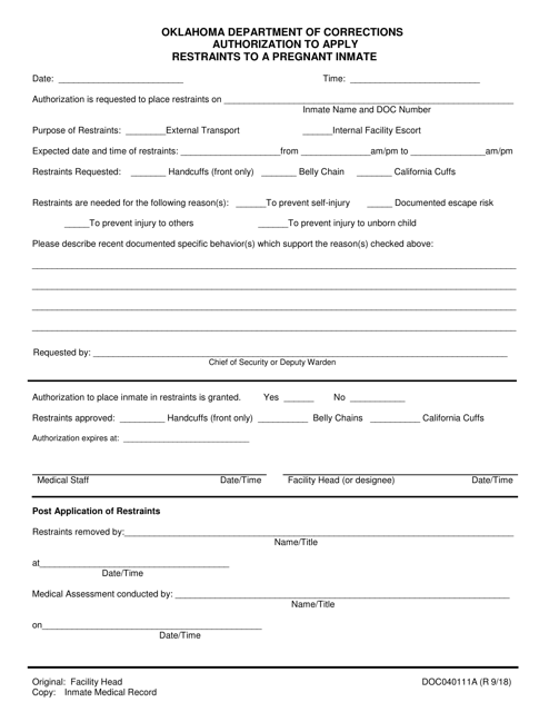 DOC Form OP-040111A Authorization to Apply Restraints to a Pregnant Inmate - Oklahoma