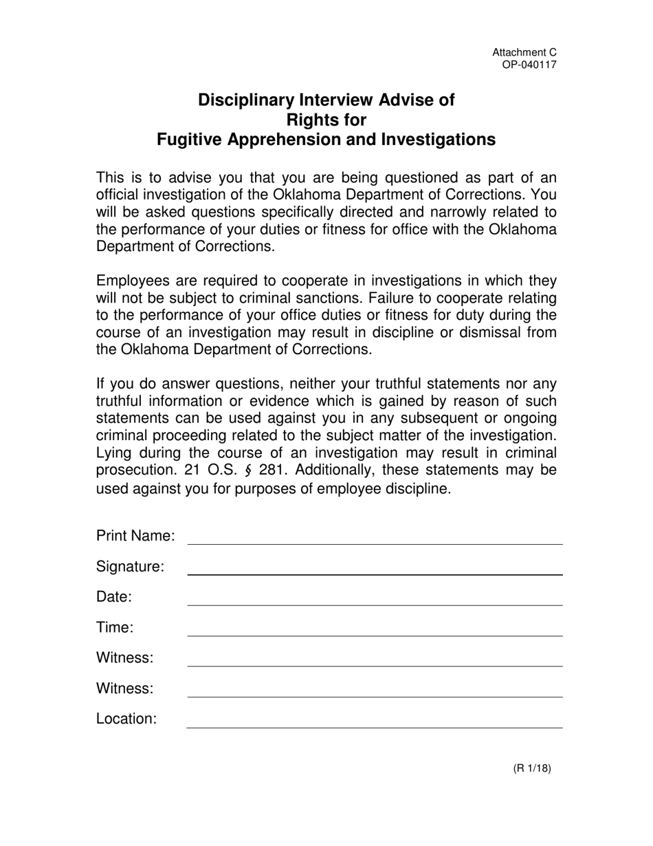 DOC Form OP-040117 Attachment C Disciplinary Interview Advise of Rights for Fugitive Apprehension and Investigations - Oklahoma, Page 1