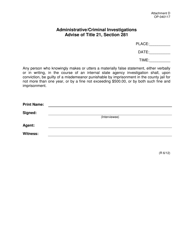Document preview: DOC Form OP-040117 Attachment D Administrative/Criminal Investigations Advise of Title 21, Section 281 - Oklahoma