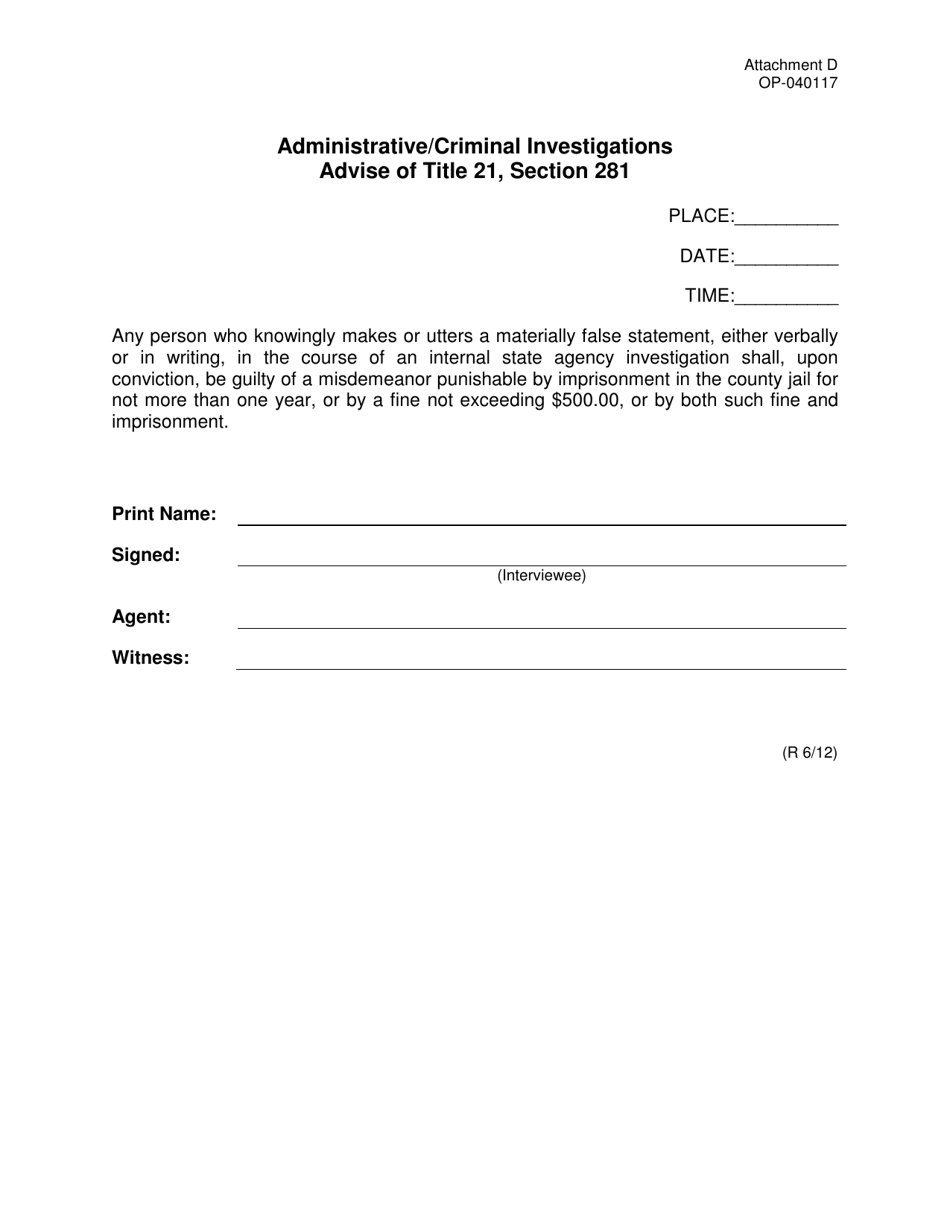 DOC Form OP-040117 Attachment D Administrative/Criminal Investigations Advise of Title 21, Section 281 - Oklahoma, Page 1