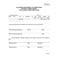 Document preview: DOC Form OP-040119 Attachment B Security Threat Group Intelligence Admittance Form - Oklahoma