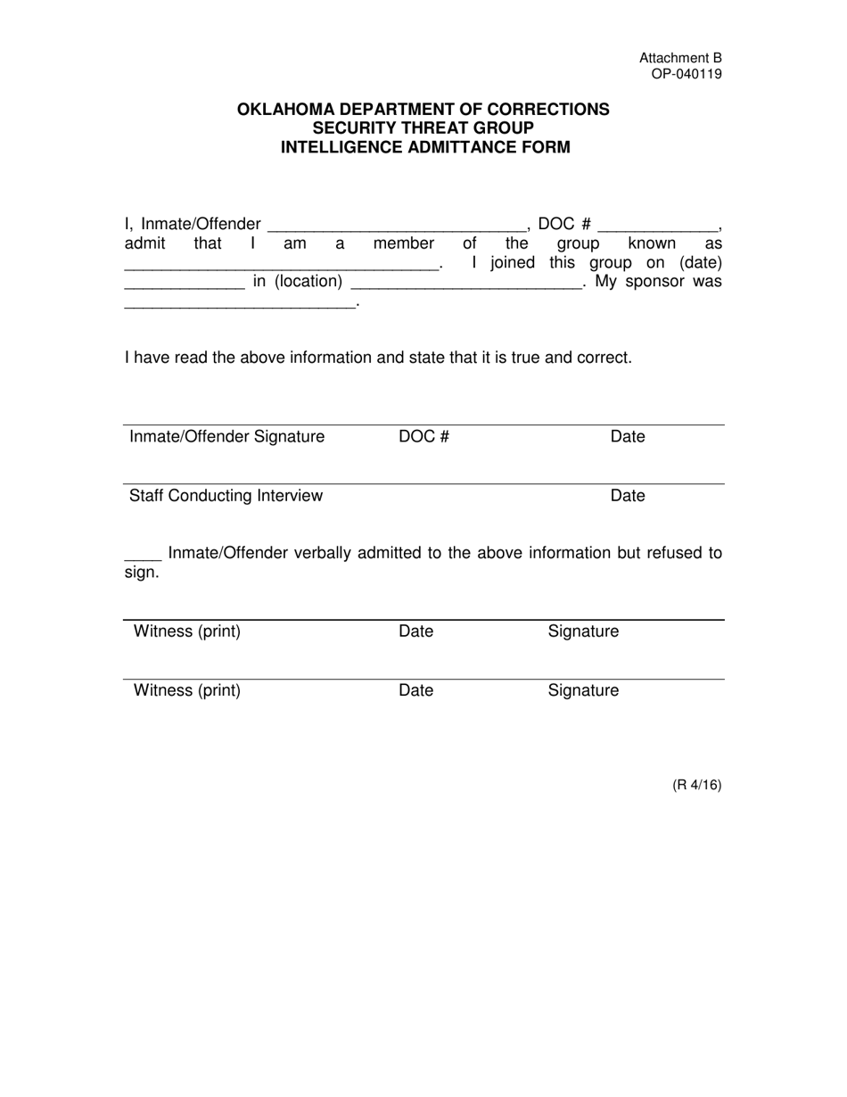 DOC Form OP-040119 Attachment B Security Threat Group Intelligence Admittance Form - Oklahoma, Page 1