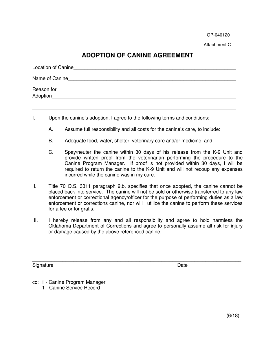 DOC Form OP-040120 Attachment C Adoption of Canine Agreement - Oklahoma, Page 1