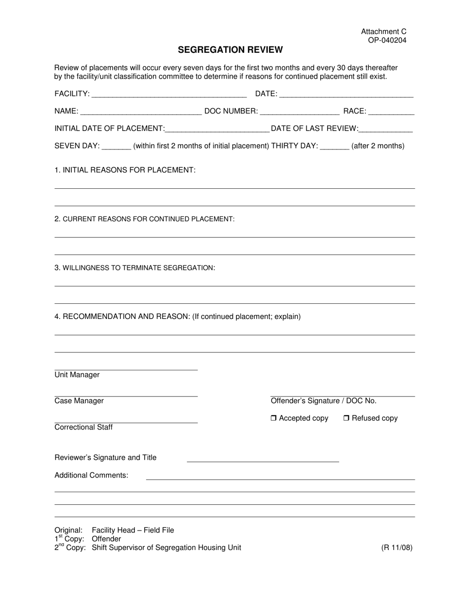 DOC Form OP-040204 Attachment C Segregation Review - Oklahoma, Page 1
