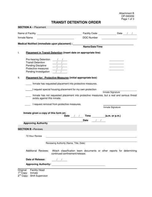DOC Form OP-040206 Attachment B Transit Detention Order - Oklahoma