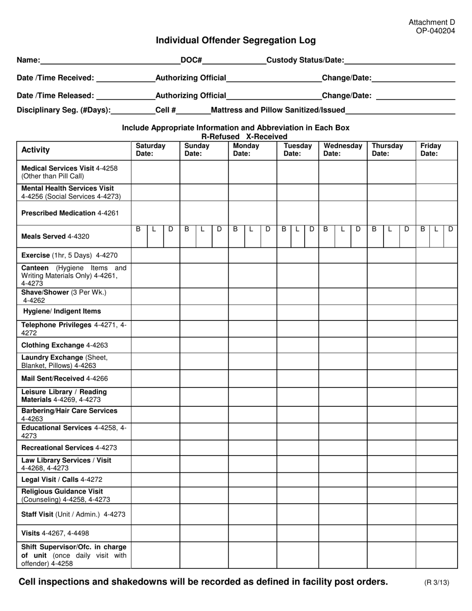DOC Form OP-040204 Attachment D Individual Offender Segregation Log - Oklahoma, Page 1