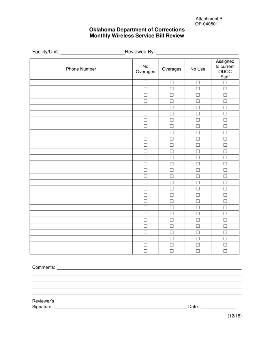 DOC Form OP-040501 Attachment B Monthly Wireless Service Bill Review - Oklahoma, Page 1