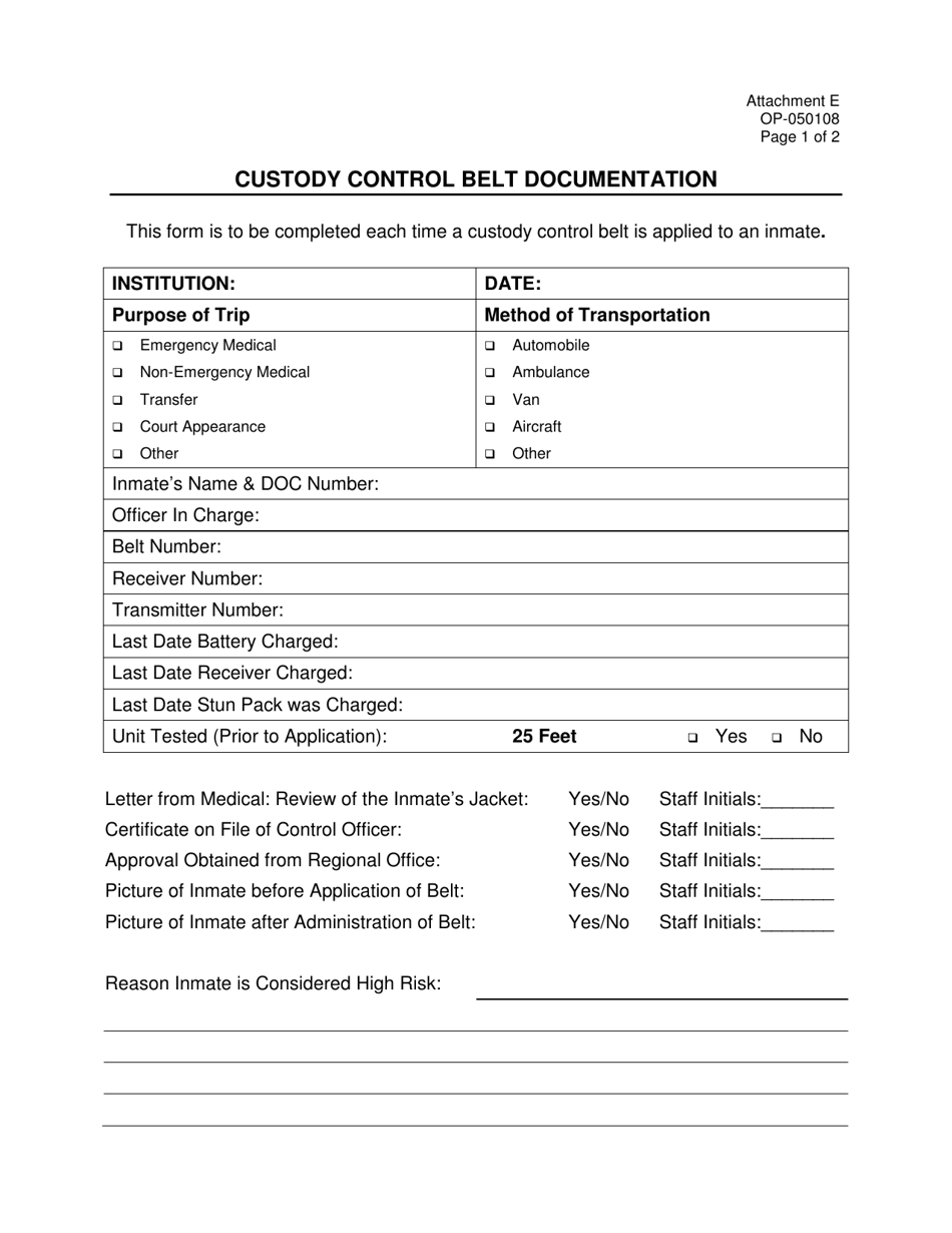 DOC Form OP-050108 Attachment E Custody Control Belt Documentation - Oklahoma, Page 1