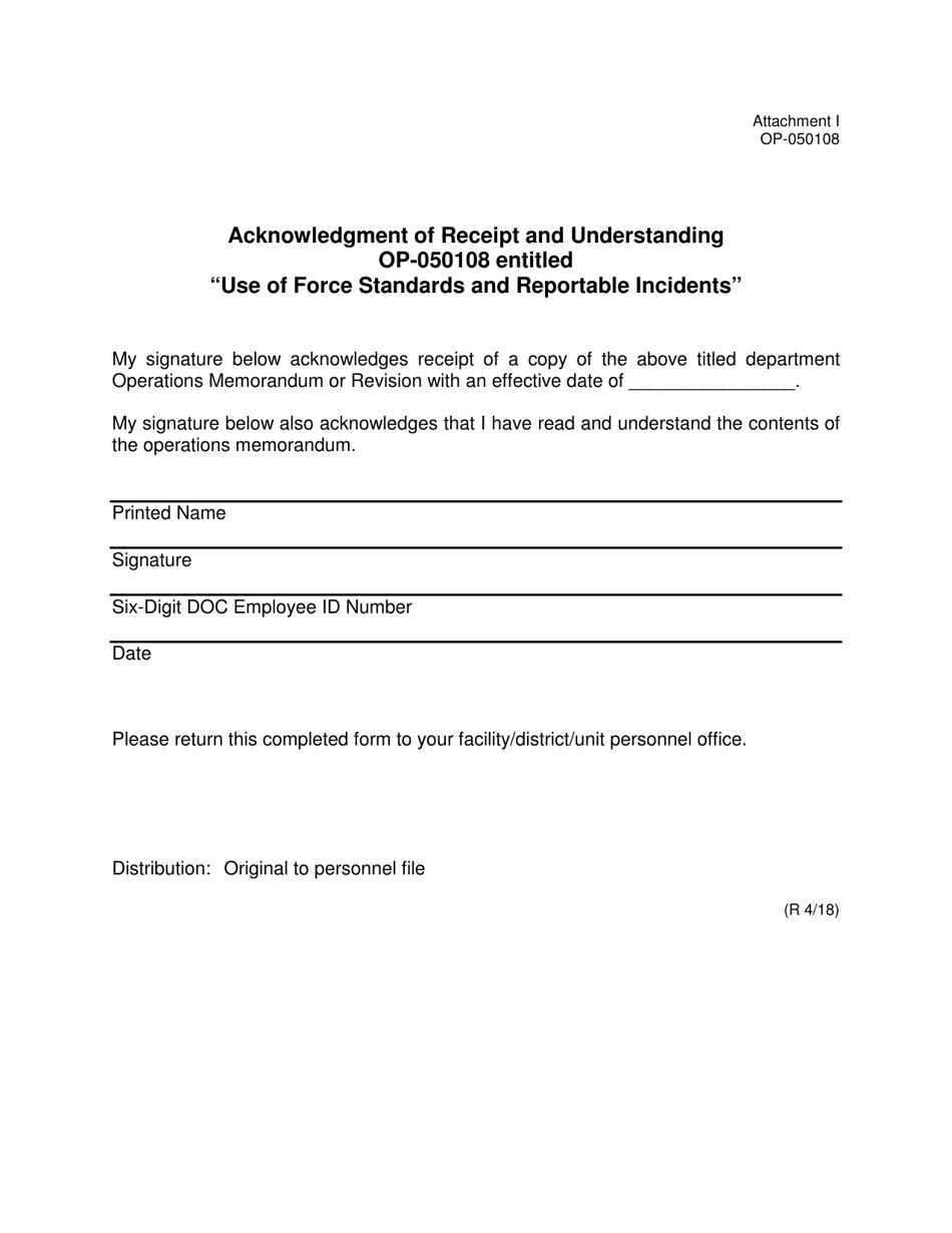 doc form op 050108 attachment i download printable pdf or fill online acknowledgment of receipt and understanding op 050108 entitled use of force standards and reportable incidents oklahoma templateroller