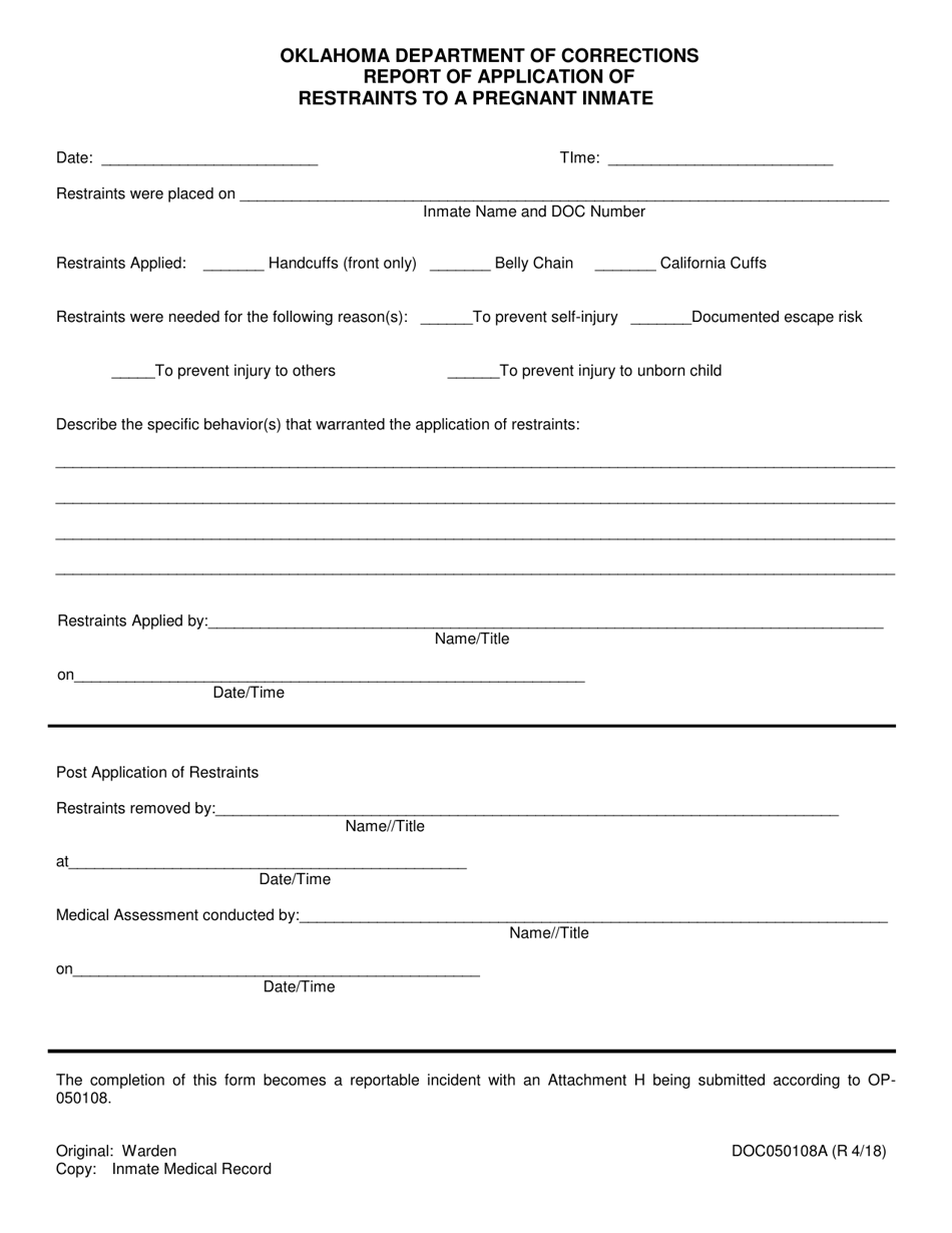 DOC Form OP-050108A Report of Application of Restraints to a Pregnant Inmate - Oklahoma, Page 1