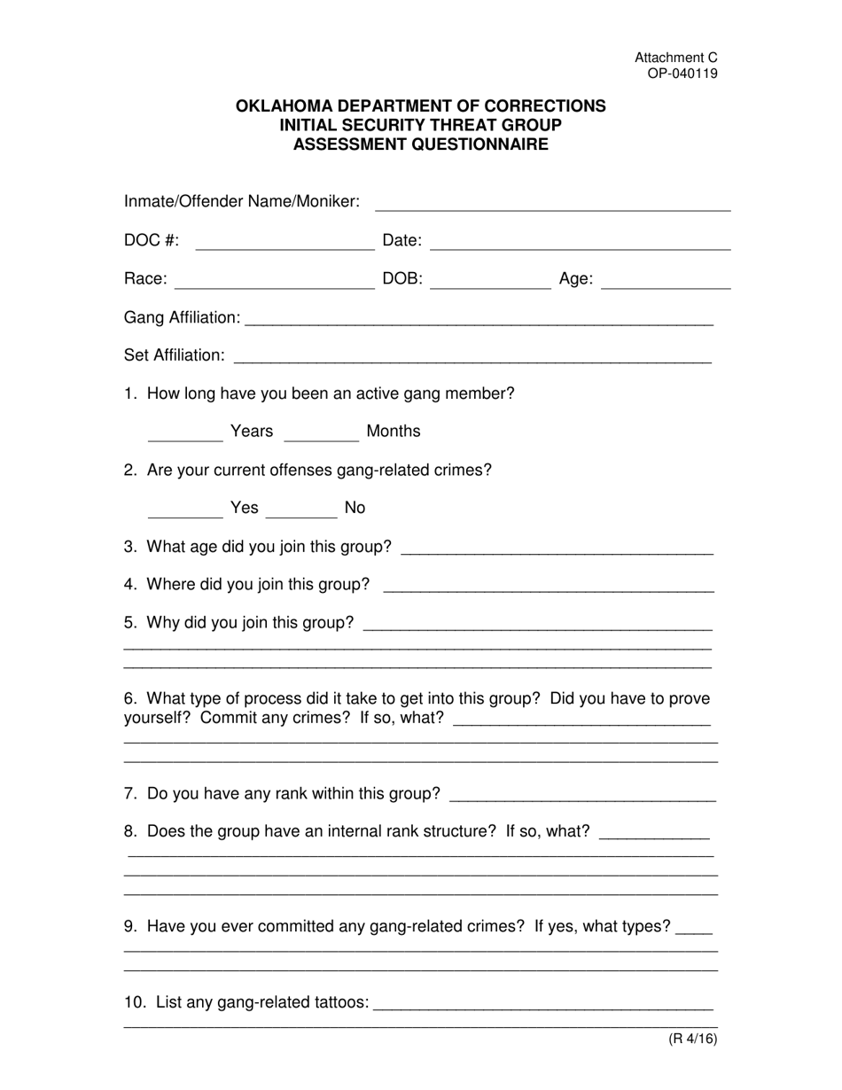 DOC Form OP-040119 Attachment C Initial Security Threat Group Assessment Questionnaire - Oklahoma, Page 1