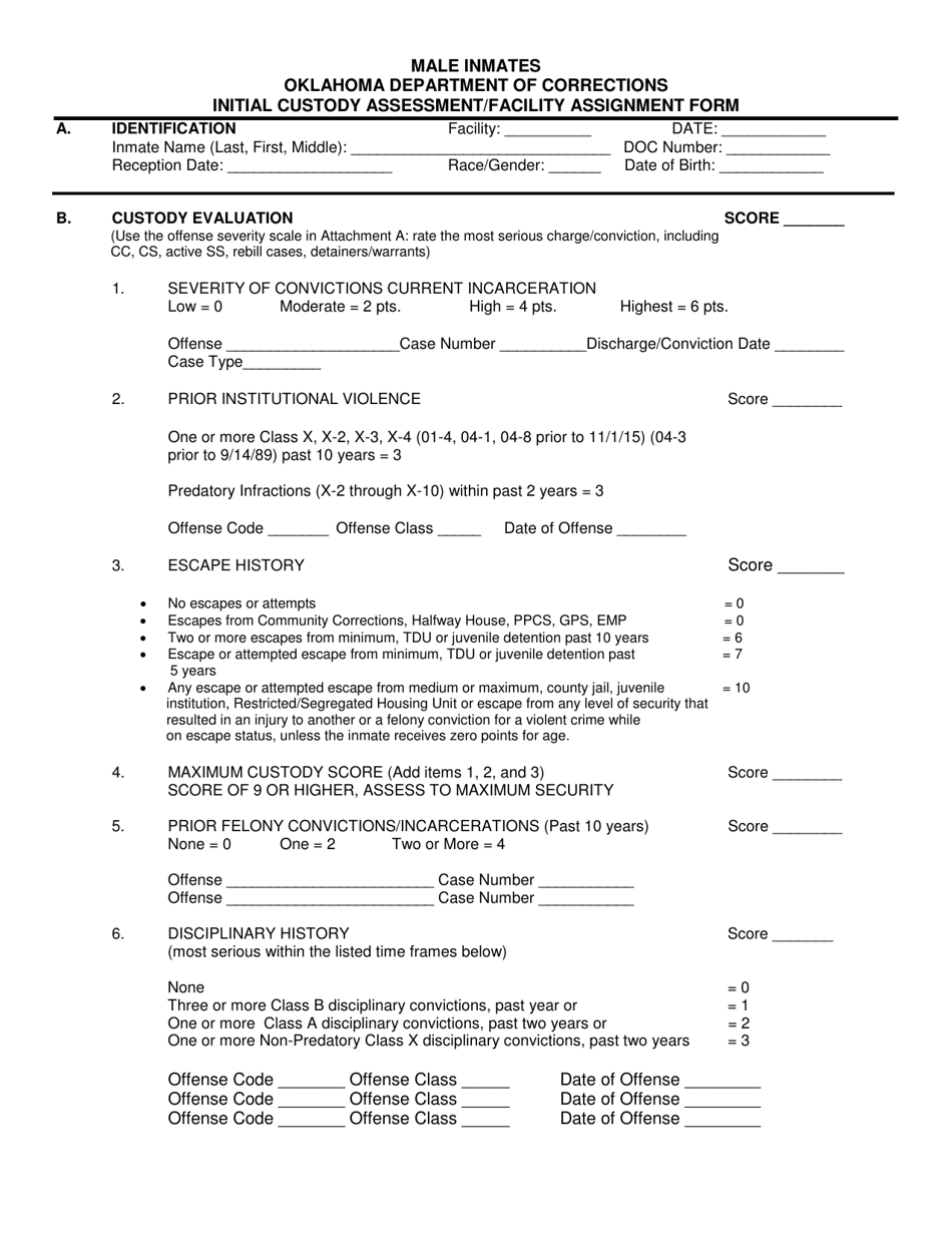 DOC Form OP-060102M Initial Custody Assessment / Facility Assignment Form - Male Inmates - Oklahoma, Page 1