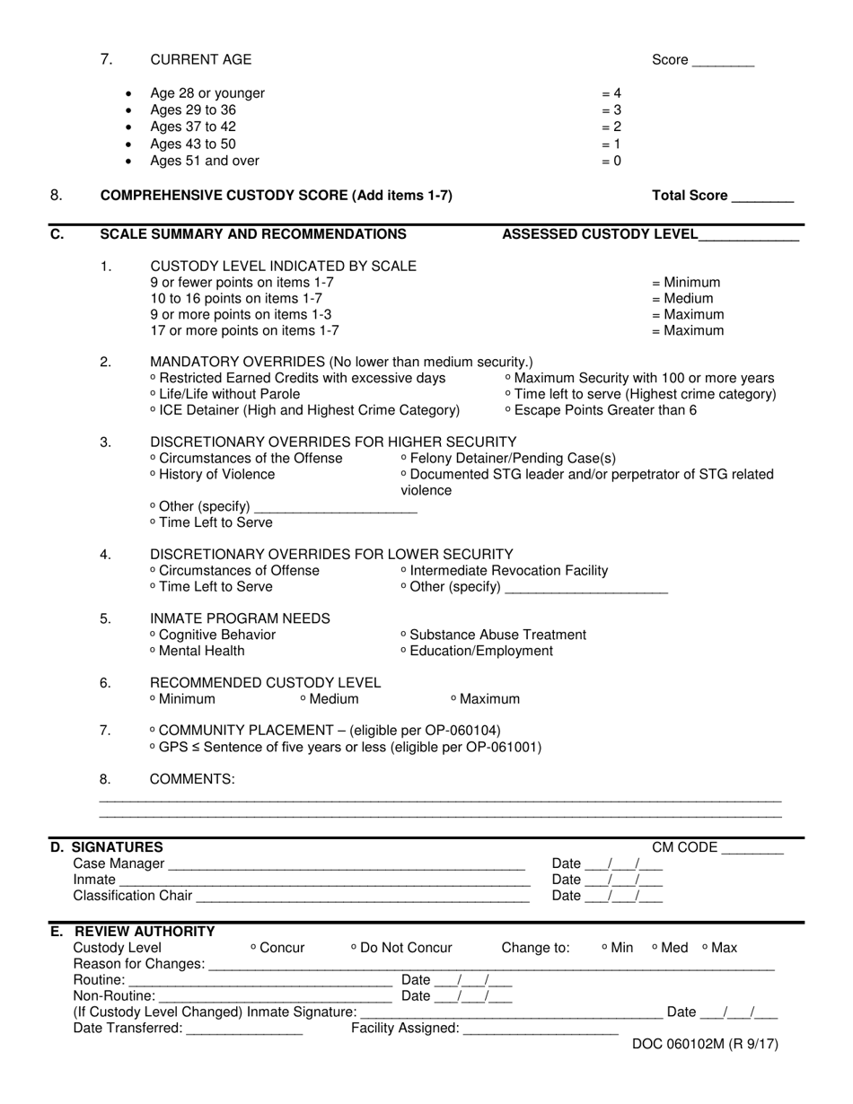 DOC Form OP-060102M Initial Custody Assessment / Facility Assignment Form - Male Inmates - Oklahoma, Page 2