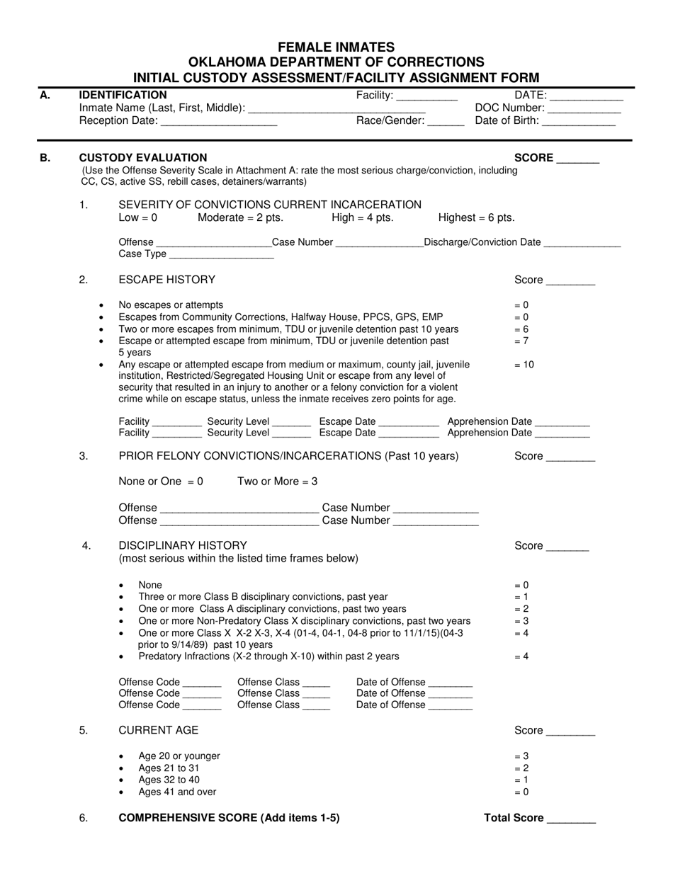 DOC Form OP-060102A Initial Custody Assessment / Facility Assignment Form - Female Inmates - Oklahoma, Page 1