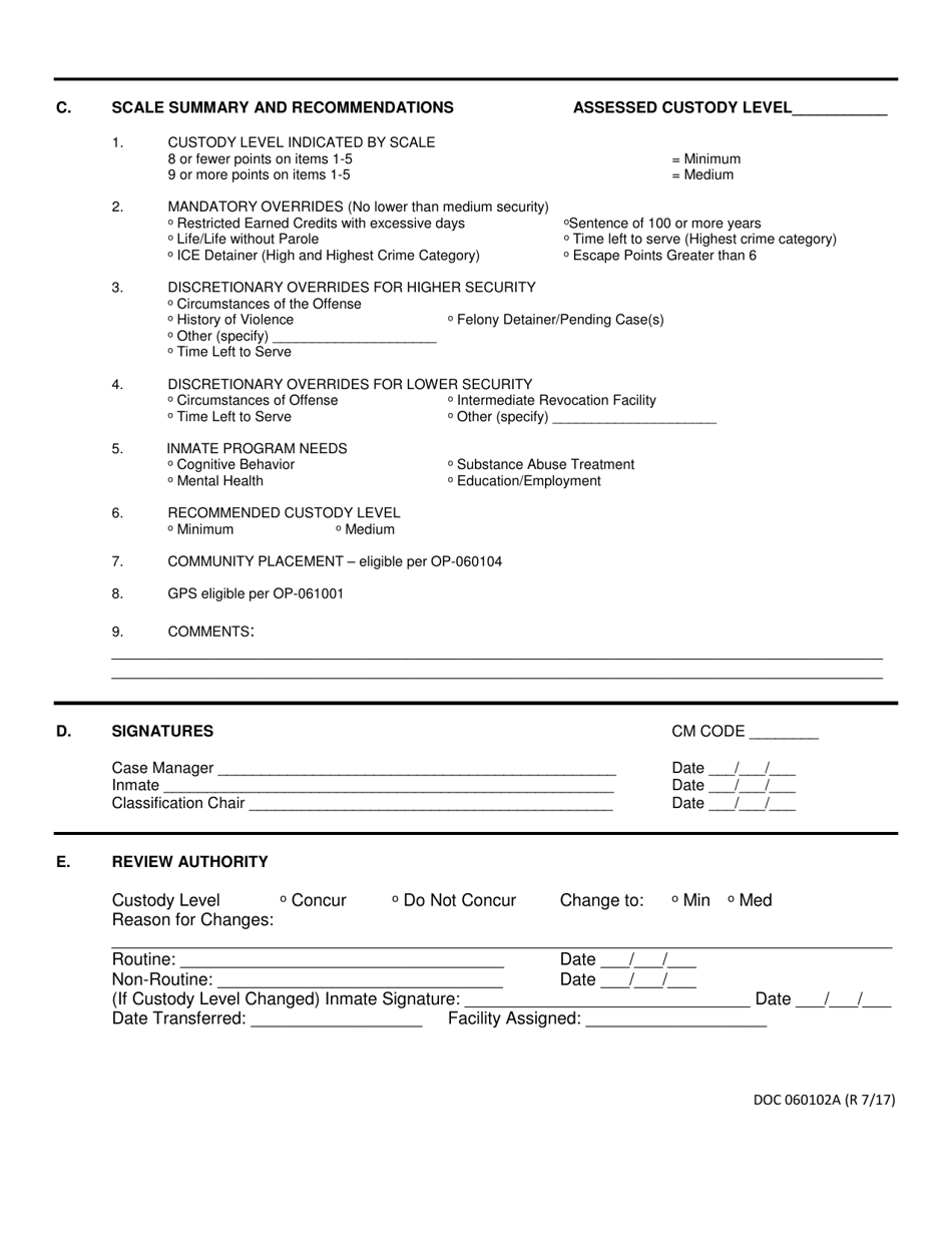 DOC Form OP-060102A Initial Custody Assessment / Facility Assignment Form - Female Inmates - Oklahoma, Page 2