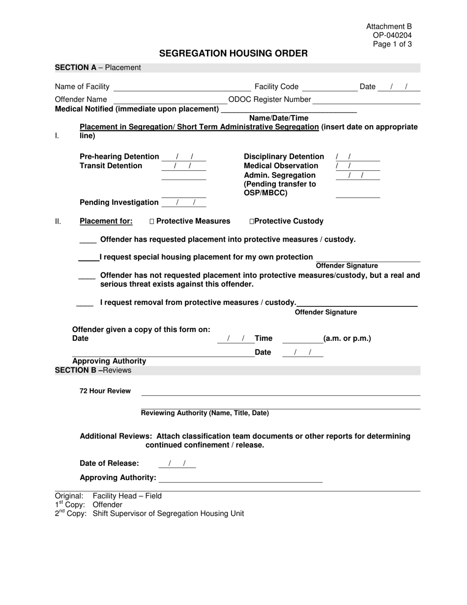 DOC Form OP-040204 Attachment B Segregation Housing Order - Oklahoma, Page 1