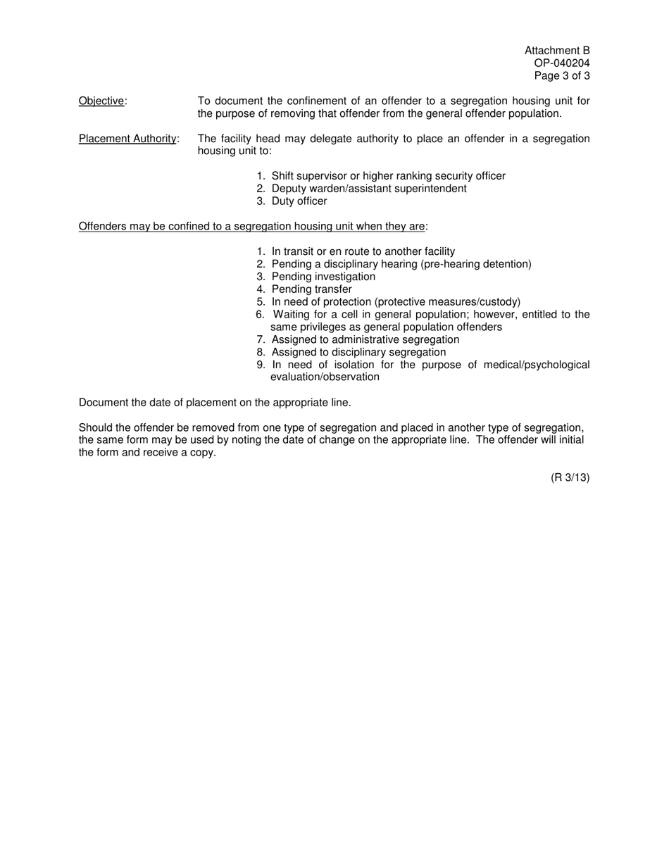 DOC Form OP-040204 Attachment B Segregation Housing Order - Oklahoma, Page 3