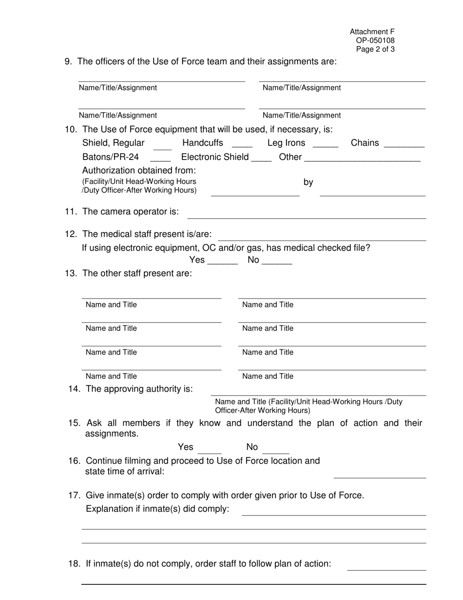 DOC Form OP-050108 Attachment F Use of Force Special Instructions - Oklahoma, Page 2