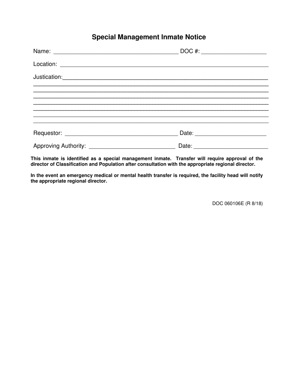 DOC Form OP-060106E Special Management Inmate Notice - Oklahoma, Page 1