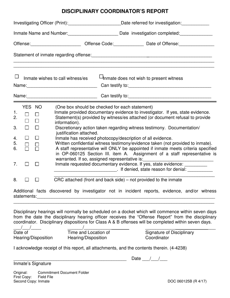 DOC Form OP-060125B Disciplinary Coordinators Report - Oklahoma, Page 1
