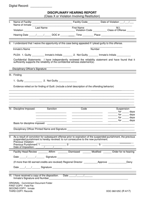 DOC Form OP-060125C Disciplinary Hearing Report (Class X or Violation Involving Restitution) - Oklahoma