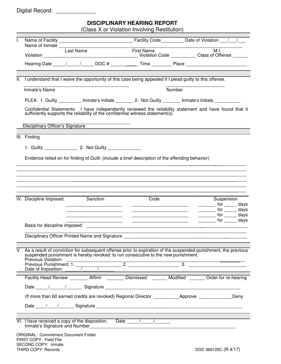 DOC Form OP-060125C Disciplinary Hearing Report (Class X or Violation Involving Restitution) - Oklahoma, Page 1