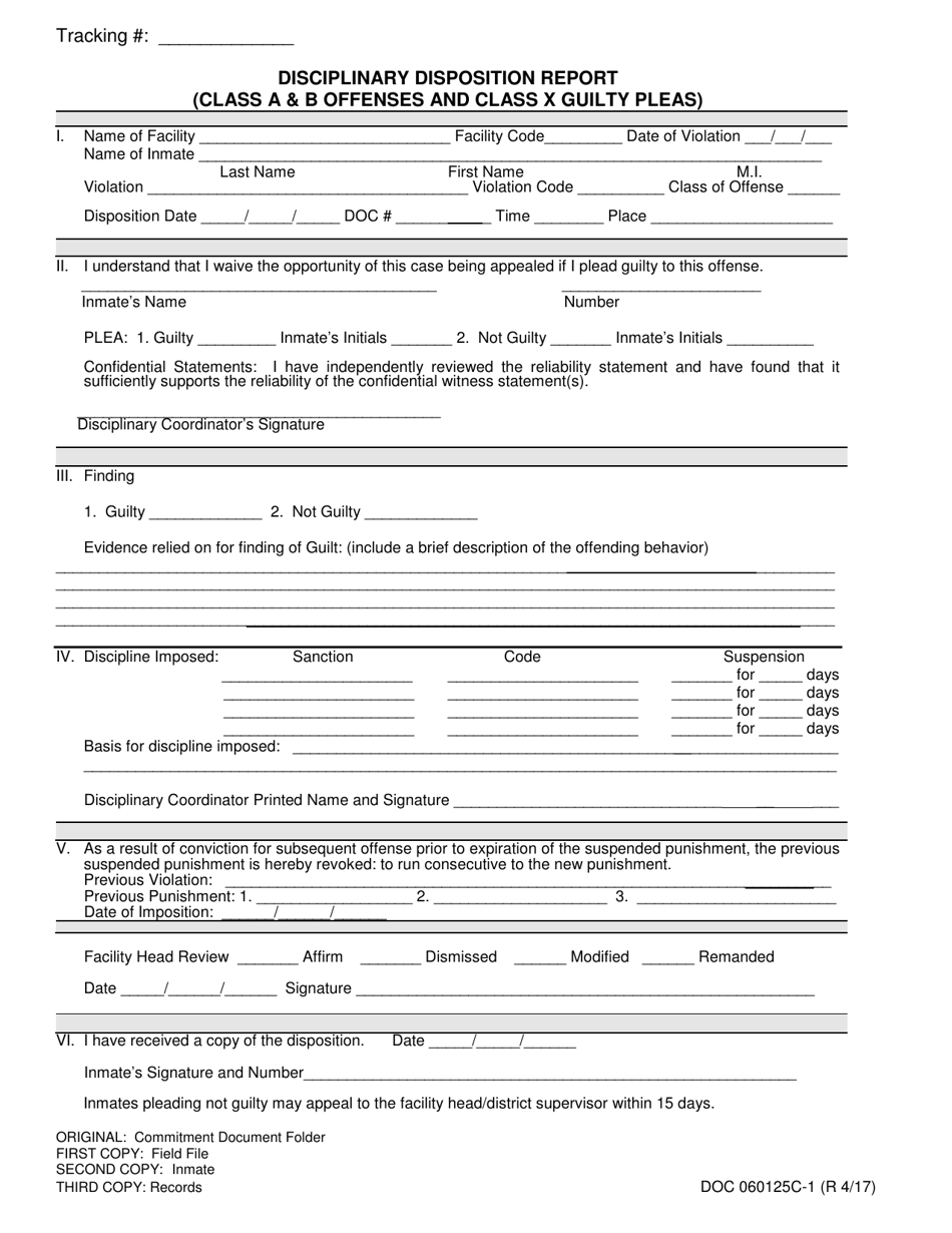 DOC Form OP-060125C-1 Disciplinary Disposition Report (Class a  B Offenses and Class X Guilty Pleas) - Oklahoma, Page 1