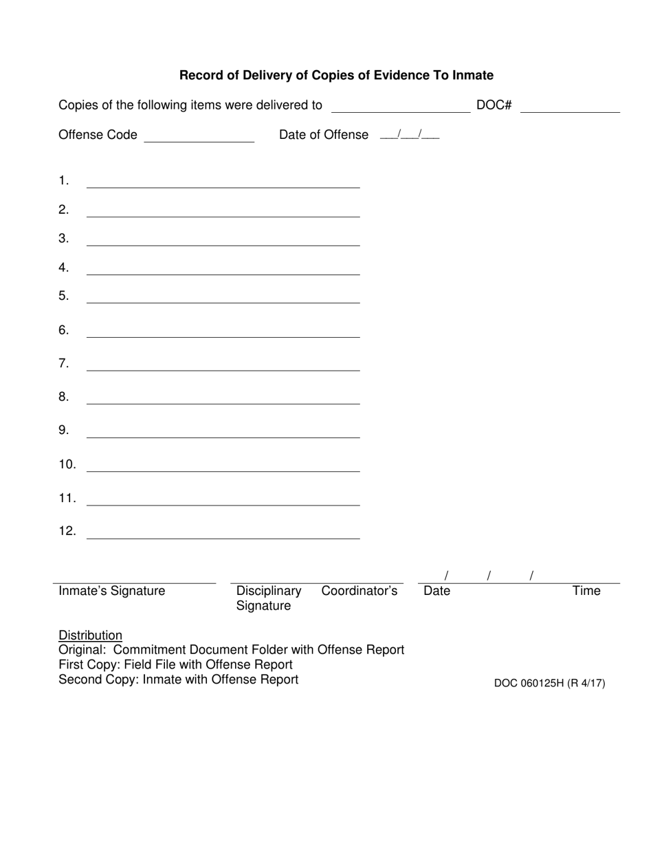 DOC Form OP-060125H Record of Delivery of Copies of Evidence to Inmate - Oklahoma, Page 1