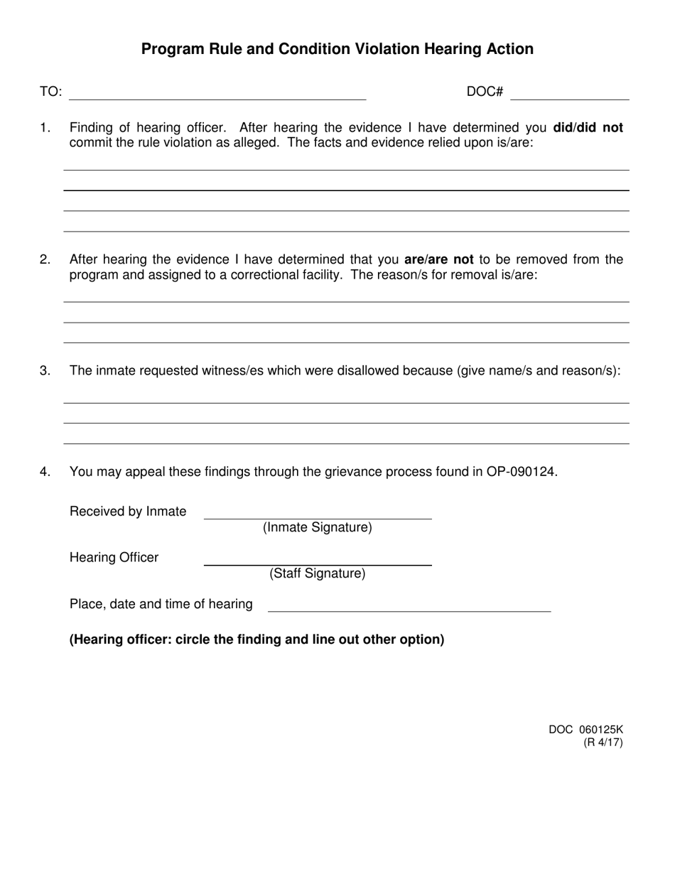 DOC Form OP-060125K Program Rule and Condition Violation Hearing Action - Oklahoma, Page 1