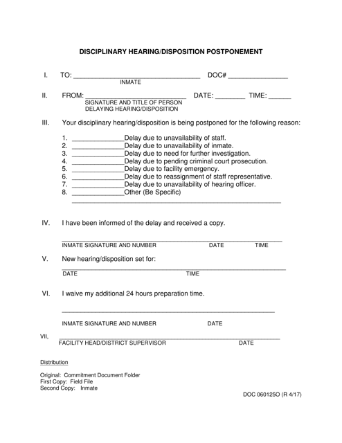 DOC Form OP-060125O Disciplinary Hearing/Disposition Postponement - Oklahoma