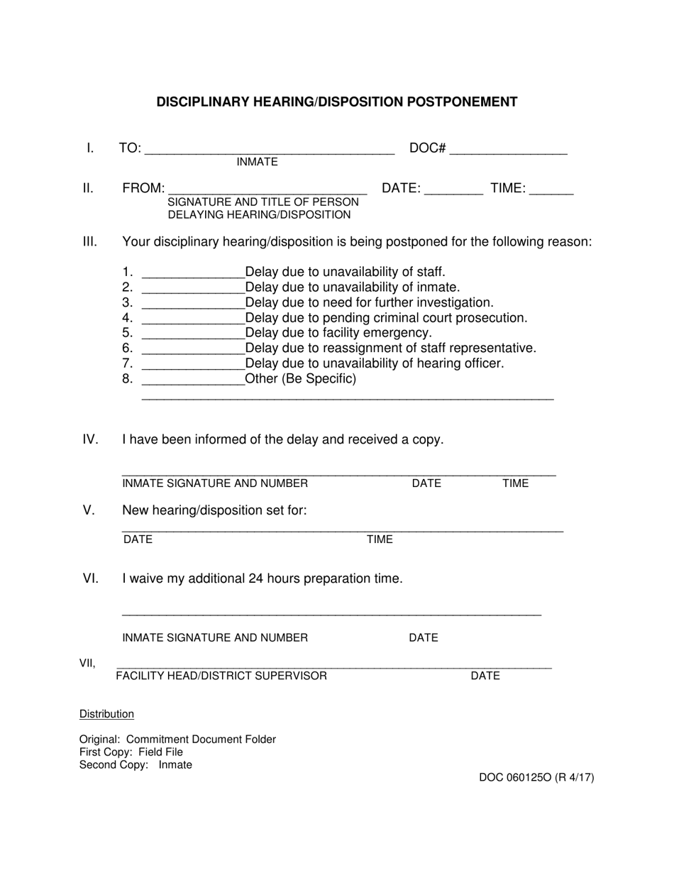 DOC Form OP-060125O Disciplinary Hearing / Disposition Postponement - Oklahoma, Page 1