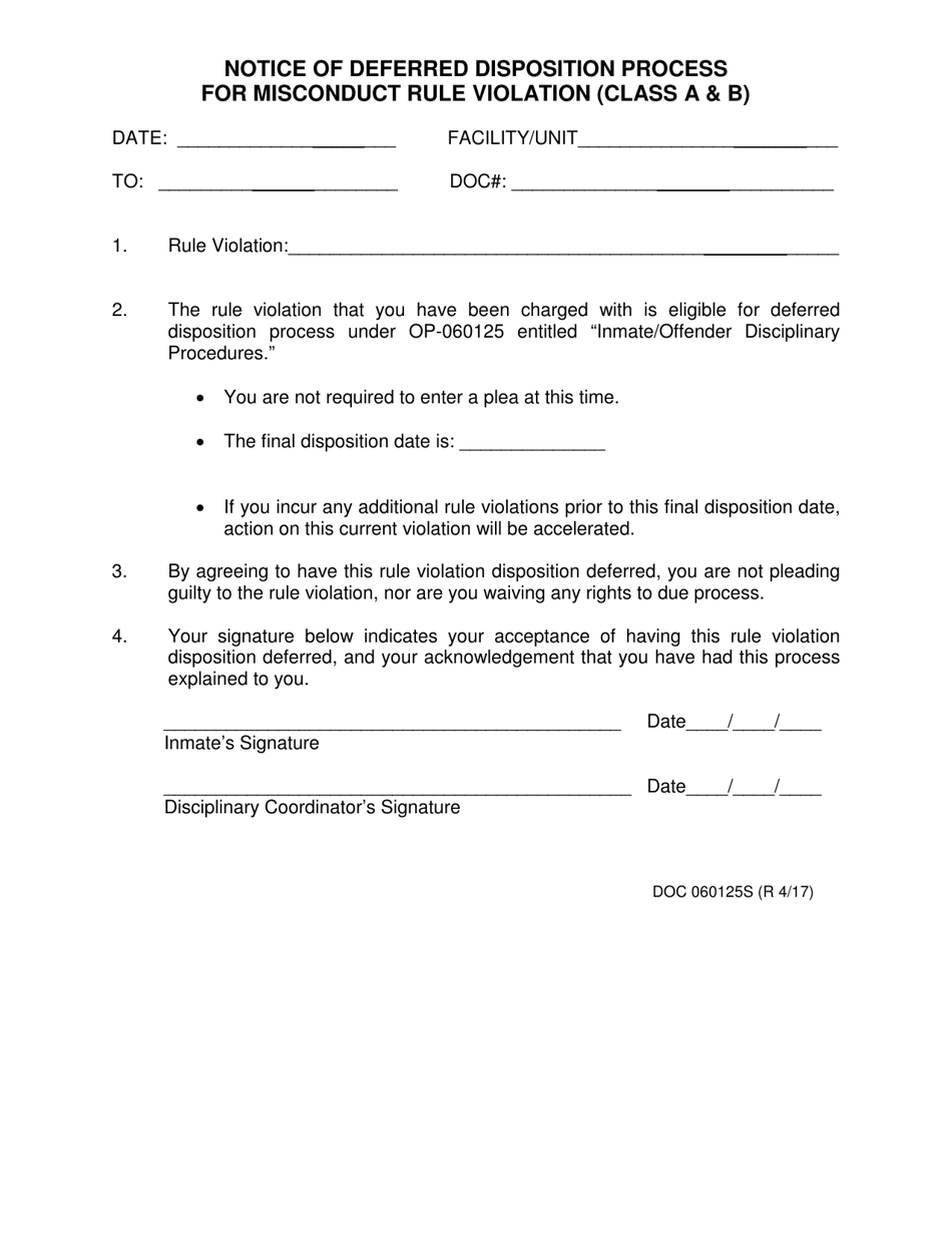 DOC Form OP-060125S Notice of Deferred Disposition Process for Misconduct Rule Violation (Class a  B) - Oklahoma, Page 1