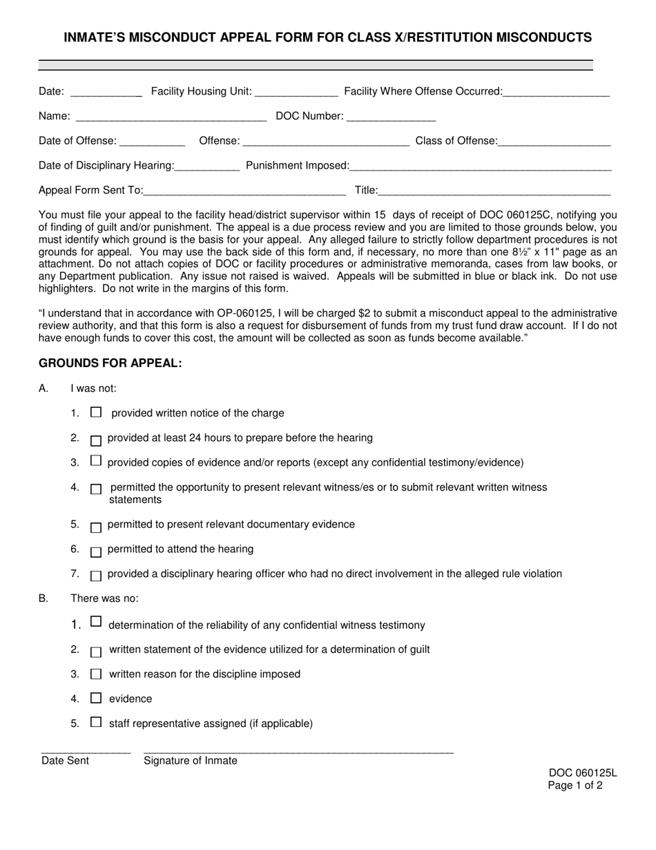 DOC Form OP-060125L Inmates Misconduct Appeal Form for Class X / Restitution Misconducts - Oklahoma, Page 1