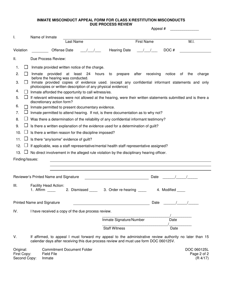DOC Form OP-060125L Inmates Misconduct Appeal Form for Class X / Restitution Misconducts - Oklahoma, Page 3