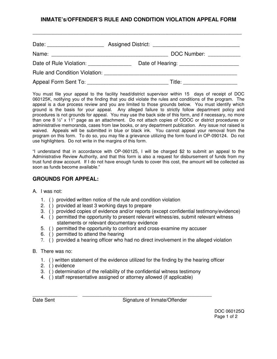 DOC Form OP-060125Q Inmates / Offenders Rule and Condition Violation Appeal Form - Oklahoma, Page 1