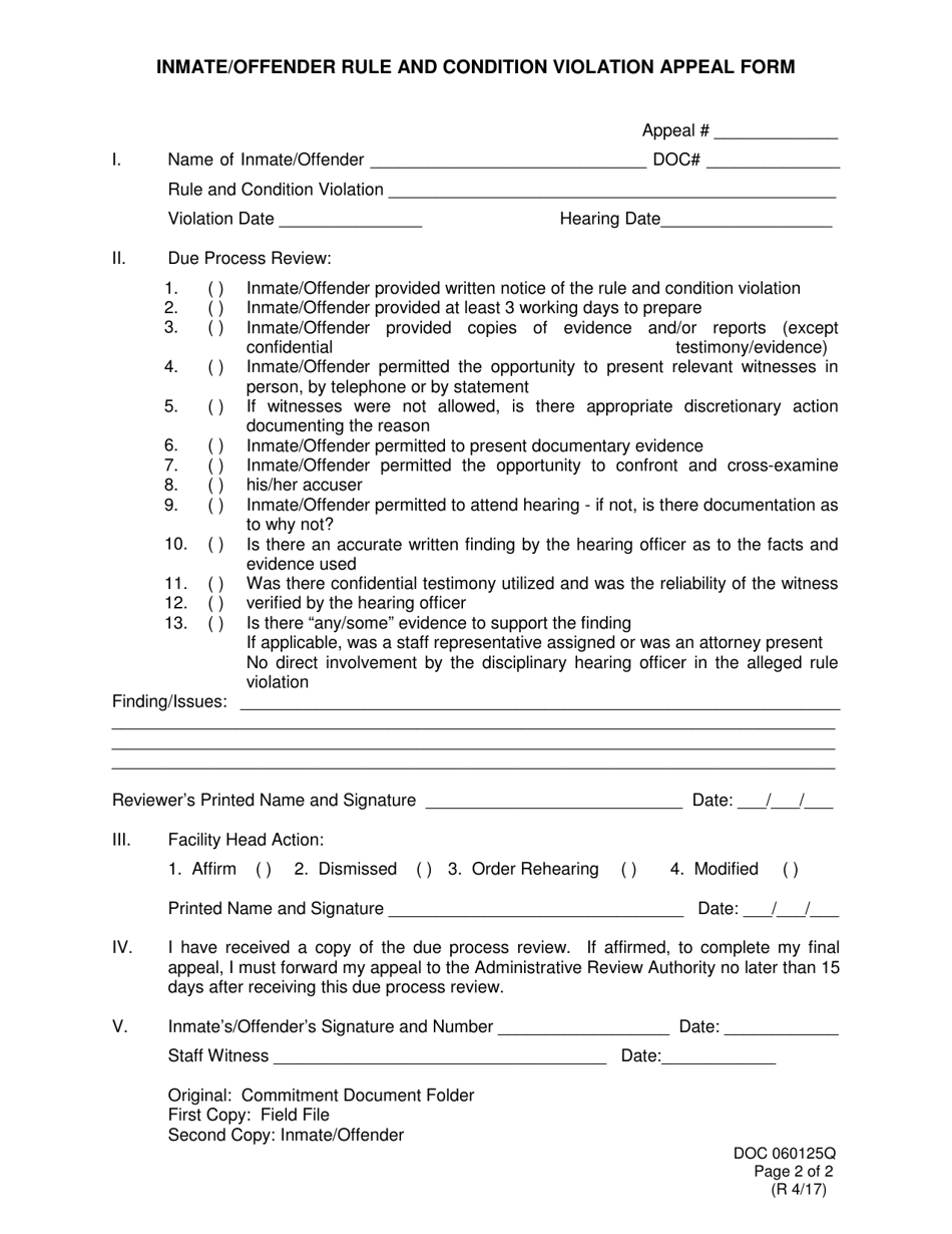 DOC Form OP-060125Q Inmates / Offenders Rule and Condition Violation Appeal Form - Oklahoma, Page 2