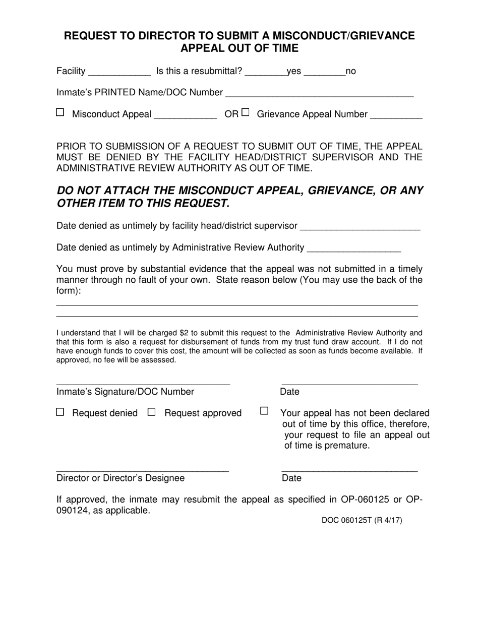DOC Form OP-060125T Request to Director to Submit a Misconduct / Grievance Appeal out of Time - Oklahoma, Page 1