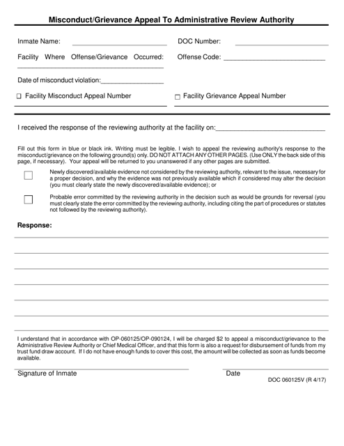 DOC Form OP-060125V Misconduct/Grievance Appeal to Administrative Review Authority - Oklahoma