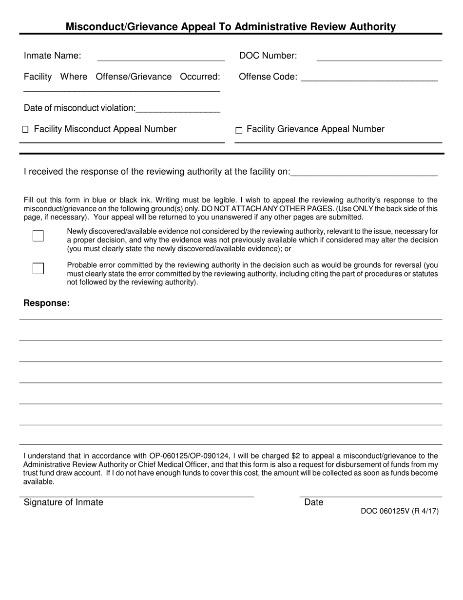 DOC Form OP-060125V Misconduct / Grievance Appeal to Administrative Review Authority - Oklahoma, Page 1