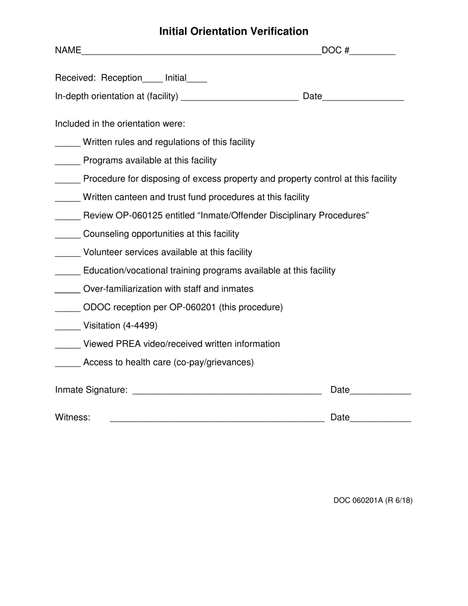 DOC Form OP-060201A Initial Orientation Verification - Oklahoma, Page 1