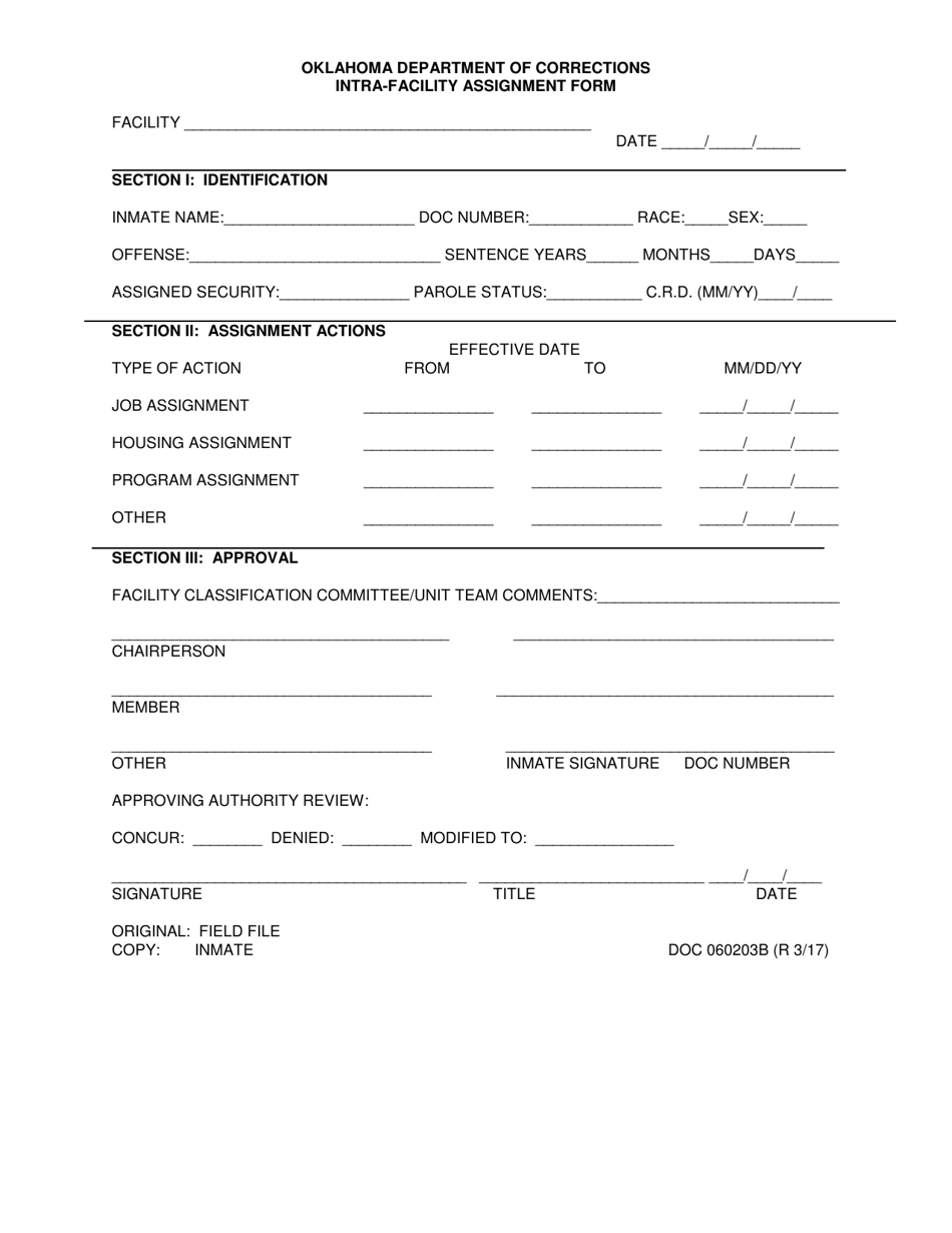 DOC Form OP-060203B Intra-facility Assignment Form - Oklahoma, Page 1