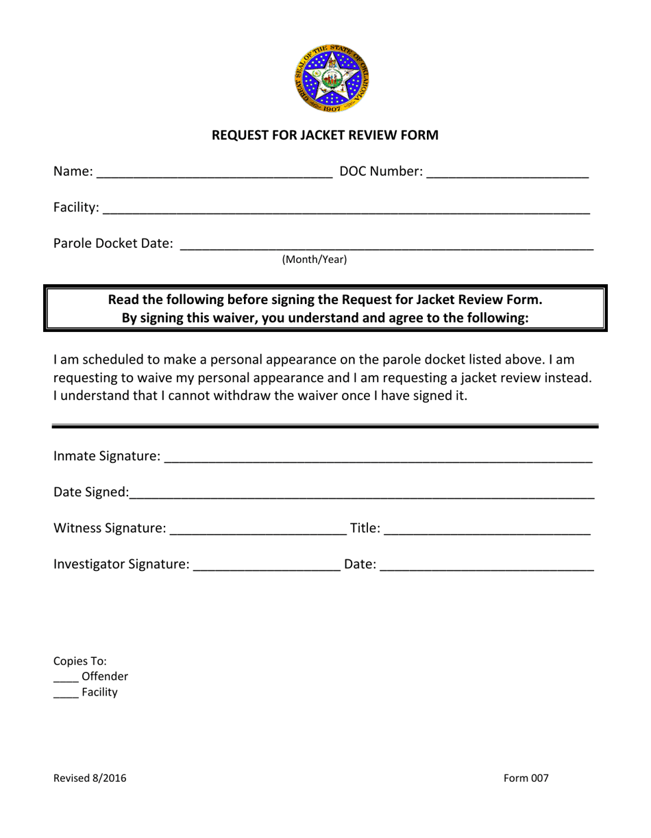 Form 007 Request for Jacket Review Form - Oklahoma, Page 1