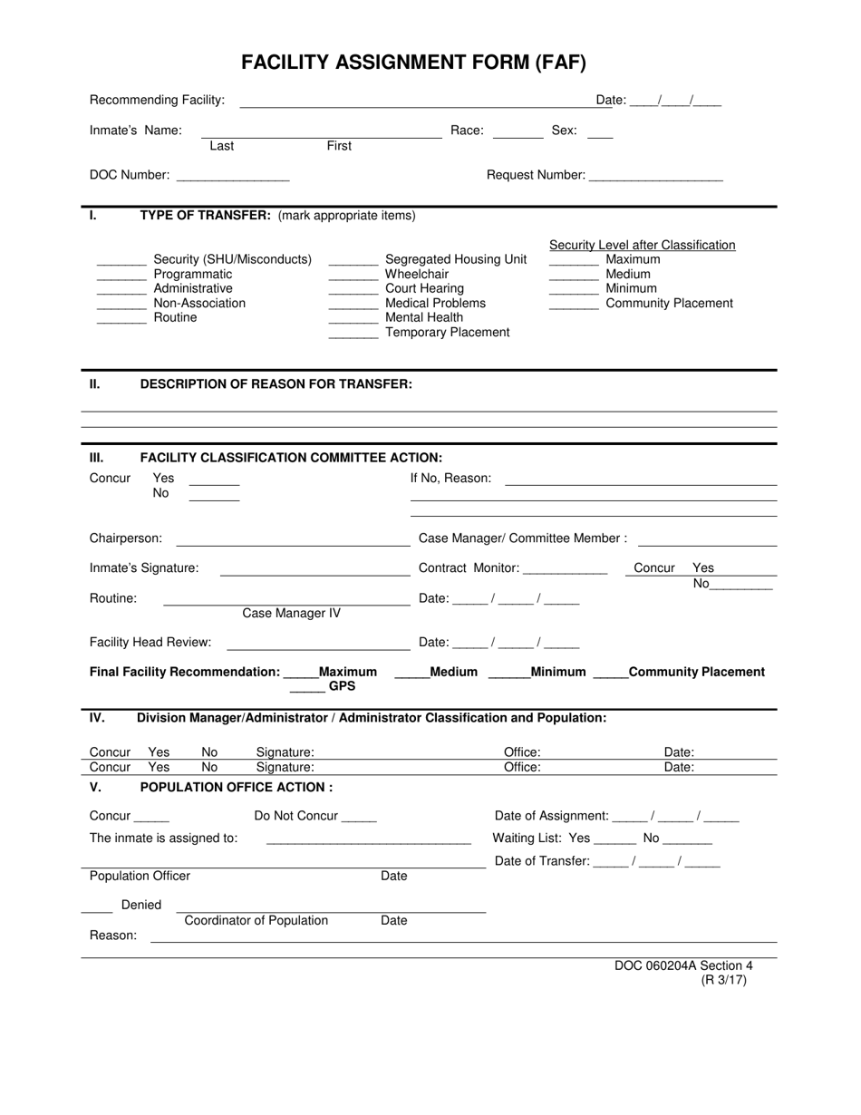 DOC Form OP-060204 A Facility Assignment Form (Faf) - Oklahoma, Page 1