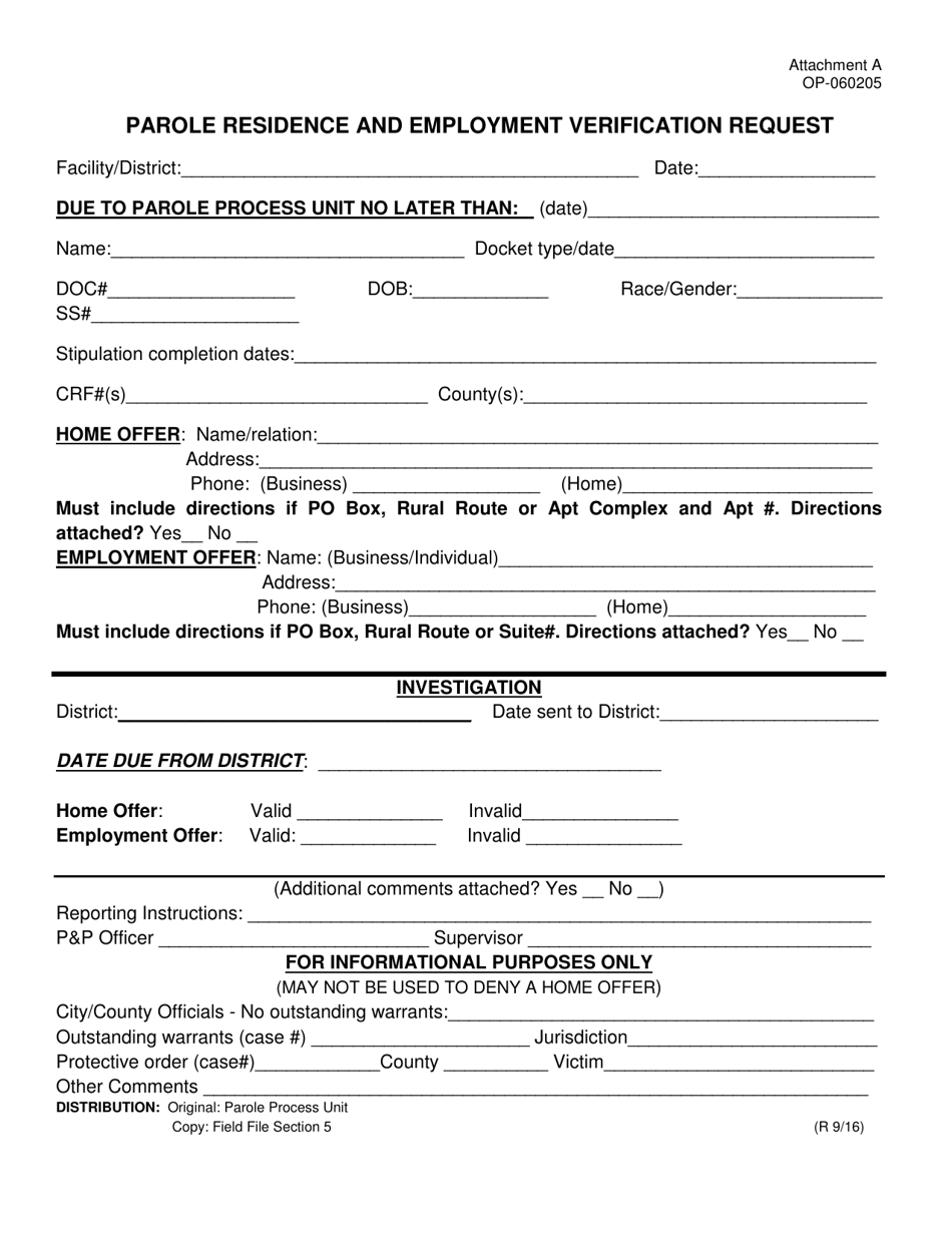 DOC Form OP-060205 Attachment A Parole Residence and Employment Verification Request - Oklahoma, Page 1
