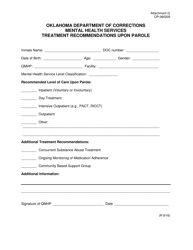 Document preview: DOC Form OP-060205 Attachment G Oklahoma Department of Corrections Mental Health Services Treatment Recommendations Upon Parole - Oklahoma